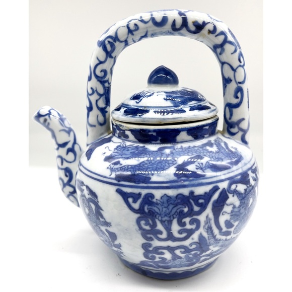 VTG Chinese Teapot Porcelain Upright Handle S Shaped Spout with Dragon Design - Picture 7 of 11